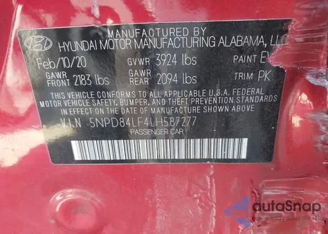 2020 Hyundai Elantra Sel из США, поврежденный, VIN 5NPD84LF4LH587277